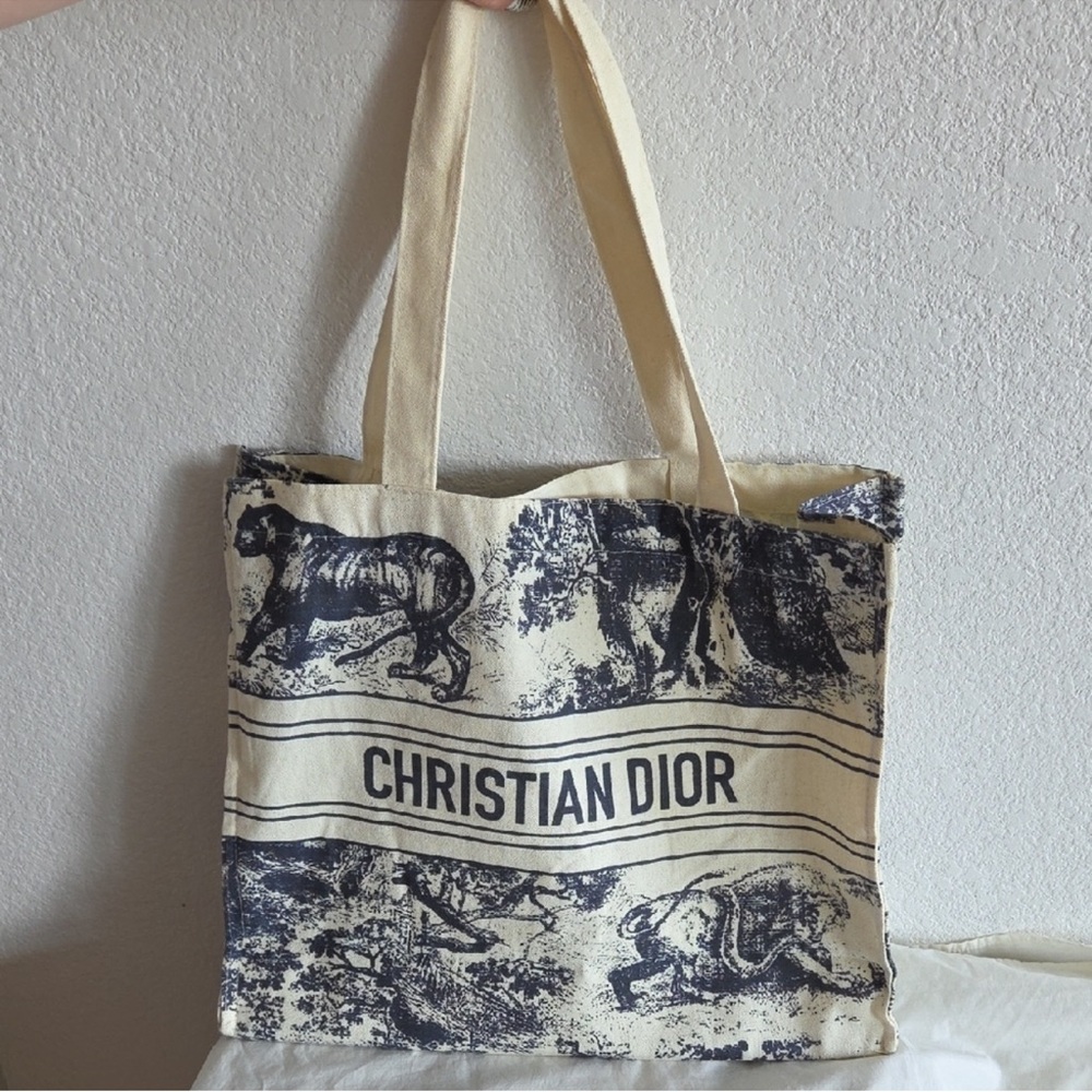 Dior Cream and Navy Christian Dior Toile Tote Bag